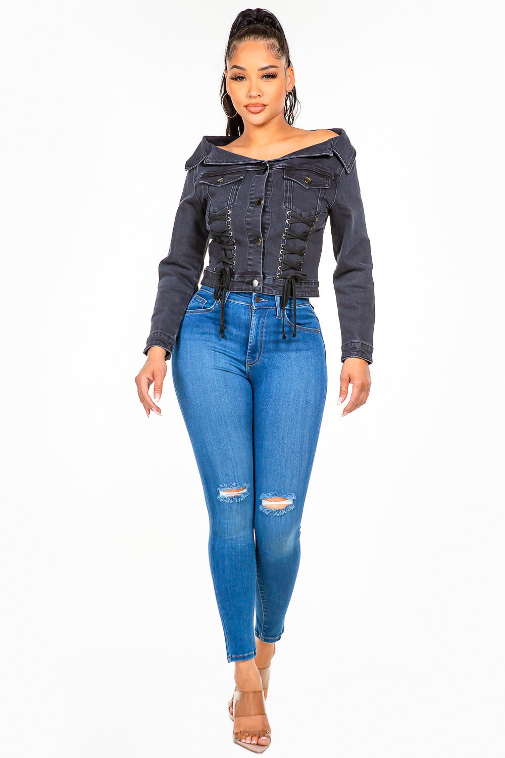 American Bazi Off Shoulder Lace Up Denim Jacket - Tigbul's Variety Fashion Shop