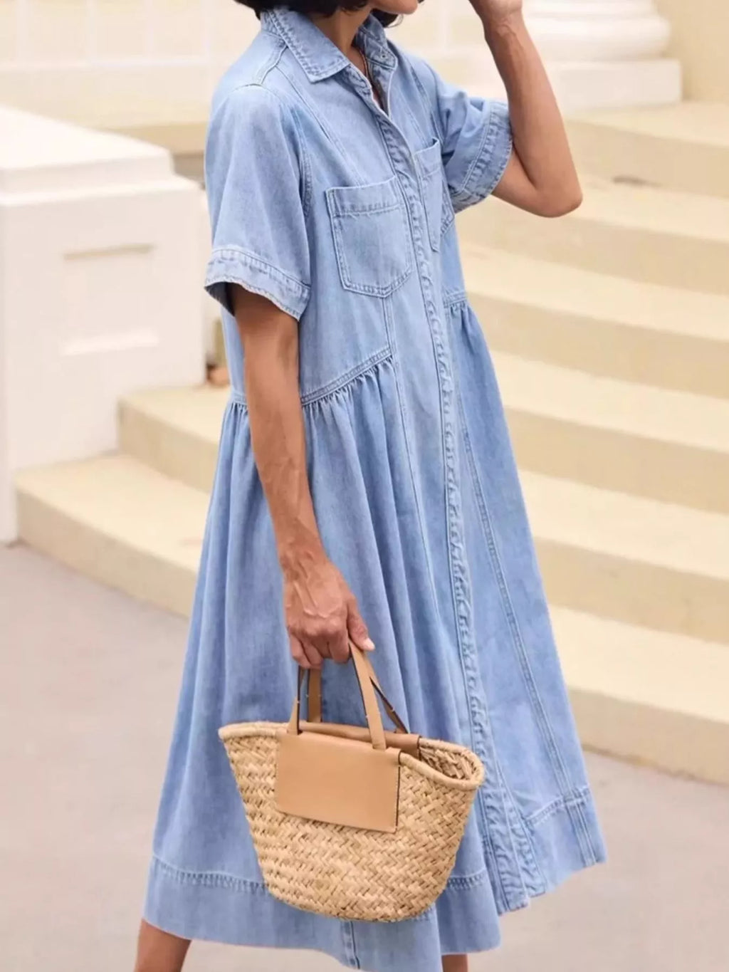 Blue denim midi dress with button front, collar, and chest pockets