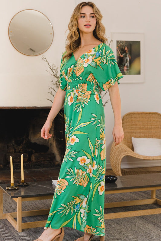 ODDI Full Size Floral Smocked Tied Back Maxi Dress - Tigbuls Variety Fashion