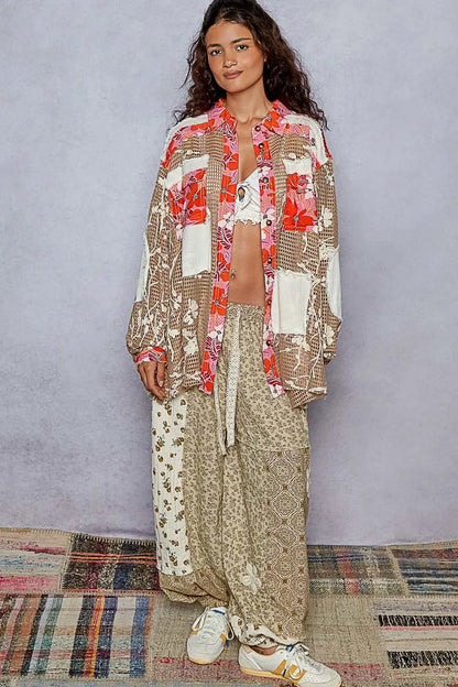 POL Floral Print Crochet Button Up Shirt - Tigbul's Variety Fashion Shop