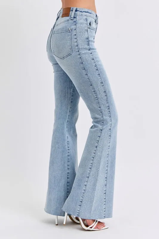 Judy Blue Full Size Midi Rise Rhinestone Side Panel Detail Flare Jeans Plus Size - Tigbul's Variety Fashion Shop