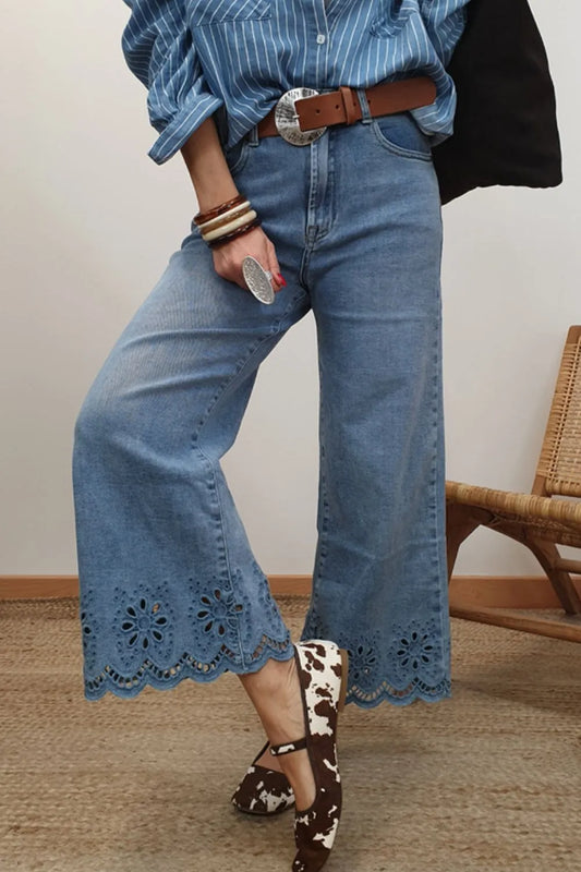 Lace Detail Cropped Wide Leg Jeans - Tigbul's Variety Fashion Shop