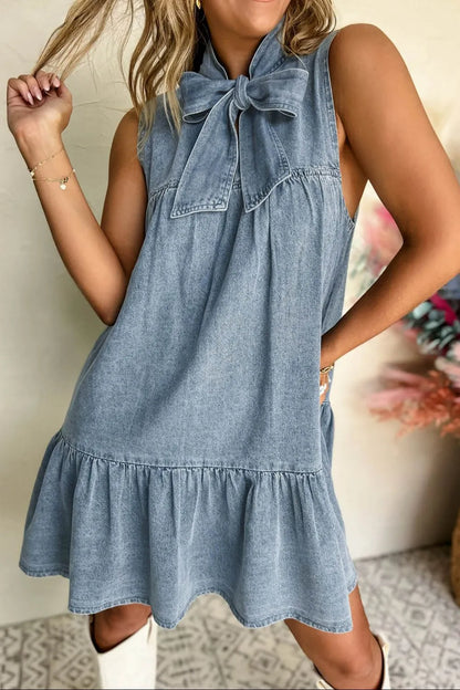 Tie Neck Sleeveless Denim Dress - Tigbul's Variety Fashion Shop