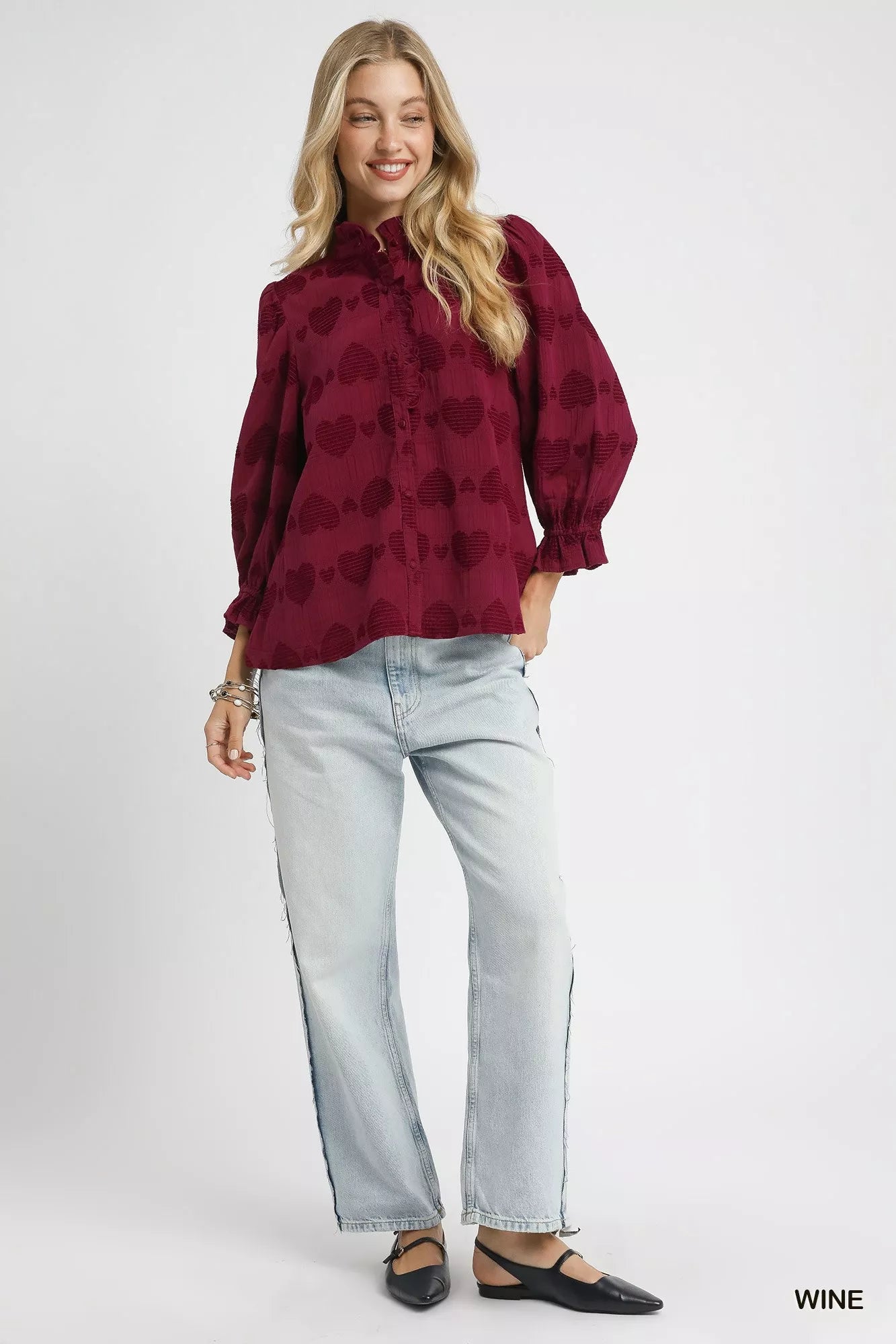 Umgee Heart Jacquard Ruffle Trim Shirt - Tigbul's Variety Fashion Shop