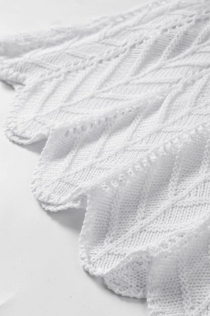 Tie Straps Wave Textured Eyelet White Knitted Vest - Tigbul's Variety Fashion Shop
