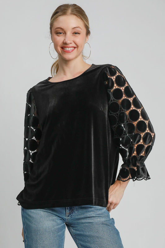 Umgee Polka Dot Lace Long Sleeve Round Neck Blouse - Tigbul's Variety Fashion Shop