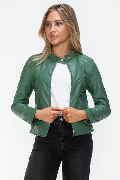 Faux Leather Zip Up Drawstring Hooded Jacket in Sage Green