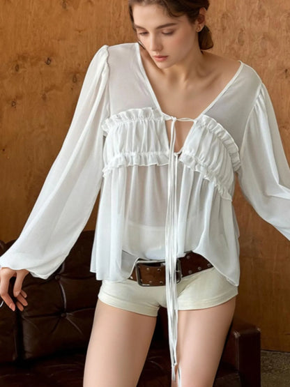 Ruffled Tie Front Long Sleeve Blouse - Tigbul's Variety Fashion Shop
