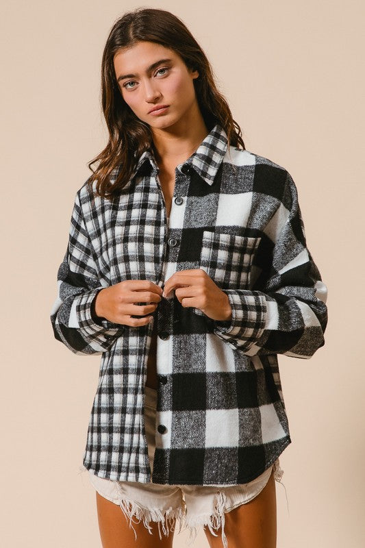 Black Plaid Fleece Button Down Long Sleeve Shirt