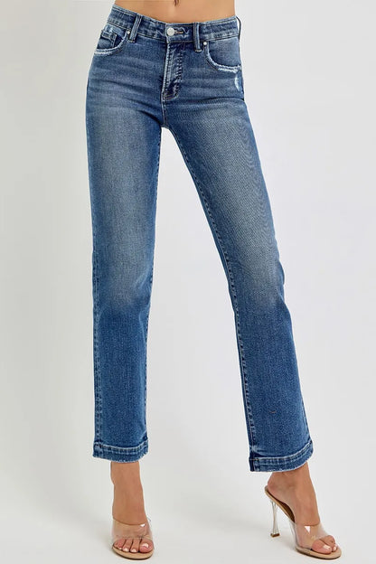 RISEN Full Size Tummy Control Elastic Band Mid Rise Straight Jeans Plus Size - Tigbul's Variety Fashion Shop