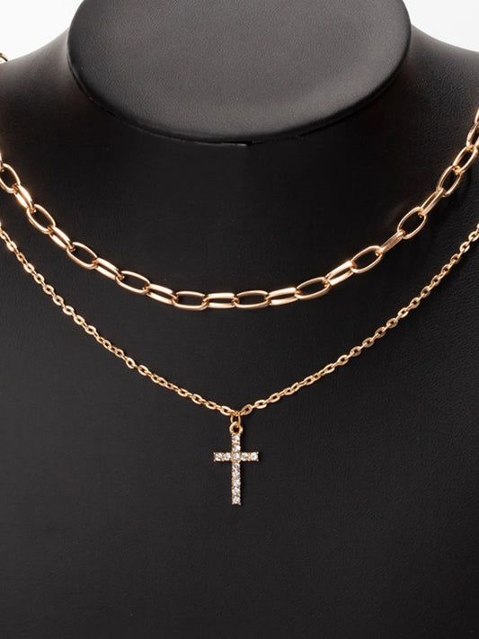 Double Layered Inlaid Zircon Cross Pendant Necklace - Tigbul's Variety Fashion Shop