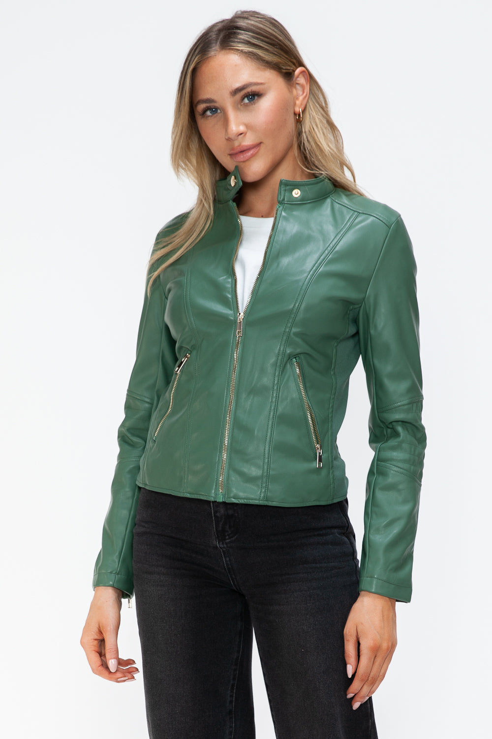 Faux Leather Zip Up Drawstring Hooded Jacket in Sage Green