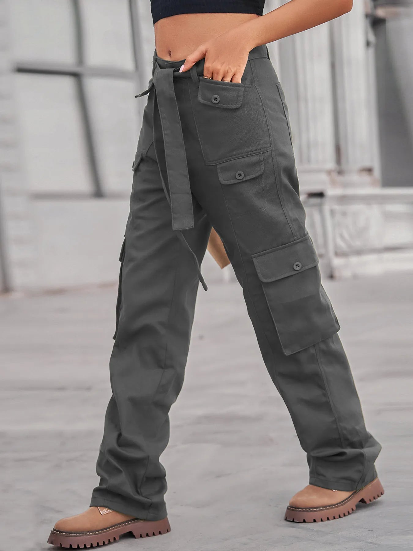 High-Waisted Multi-Pocket Cargo Jeans - Tigbul's Variety Fashion Shop