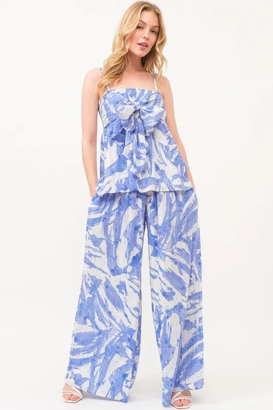 Blue Smocked Tied Waist Abstract Print Wide Leg Pants - Tigbul's Variety Fashion Shop