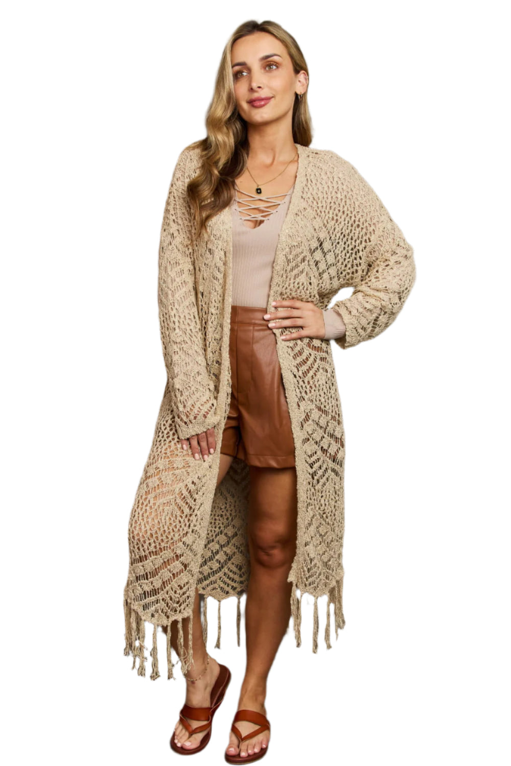 Tan Boho Plus Size 1XL Western Knit Fringe Cardigan | Tigbuls