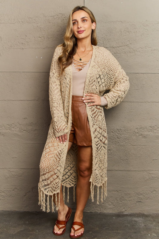 Tan Boho Plus Size 1XL Western Knit Fringe Cardigan | Tigbuls