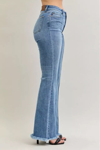 Judy Blue High Waist Flare Fray Hem Jeans with Front Pintuck Detail - Tigbul's Variety Fashion Shop