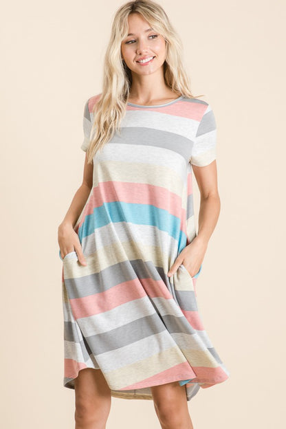 BOMBOM Striped Short Sleeve Dress with Pockets - Tigbul's Variety Fashion Shop