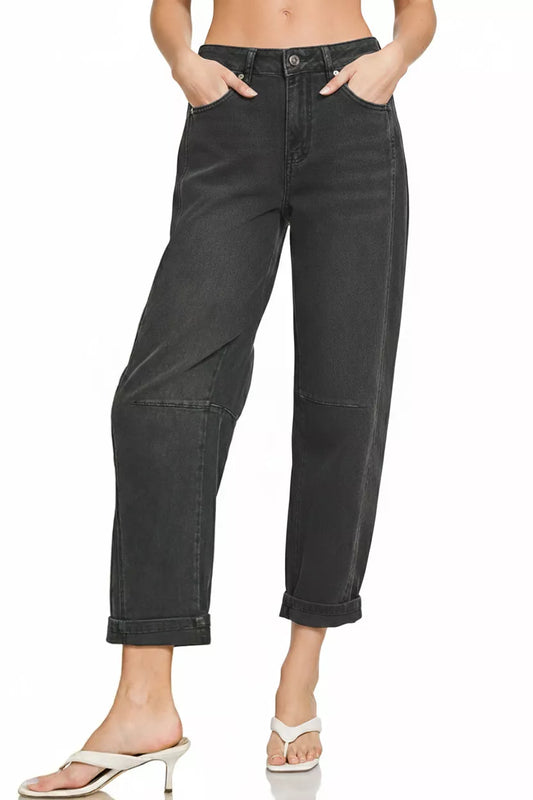 Black High Rise Barrel-Leg Cropped Jeans - Tigbul's Variety Fashion Shop