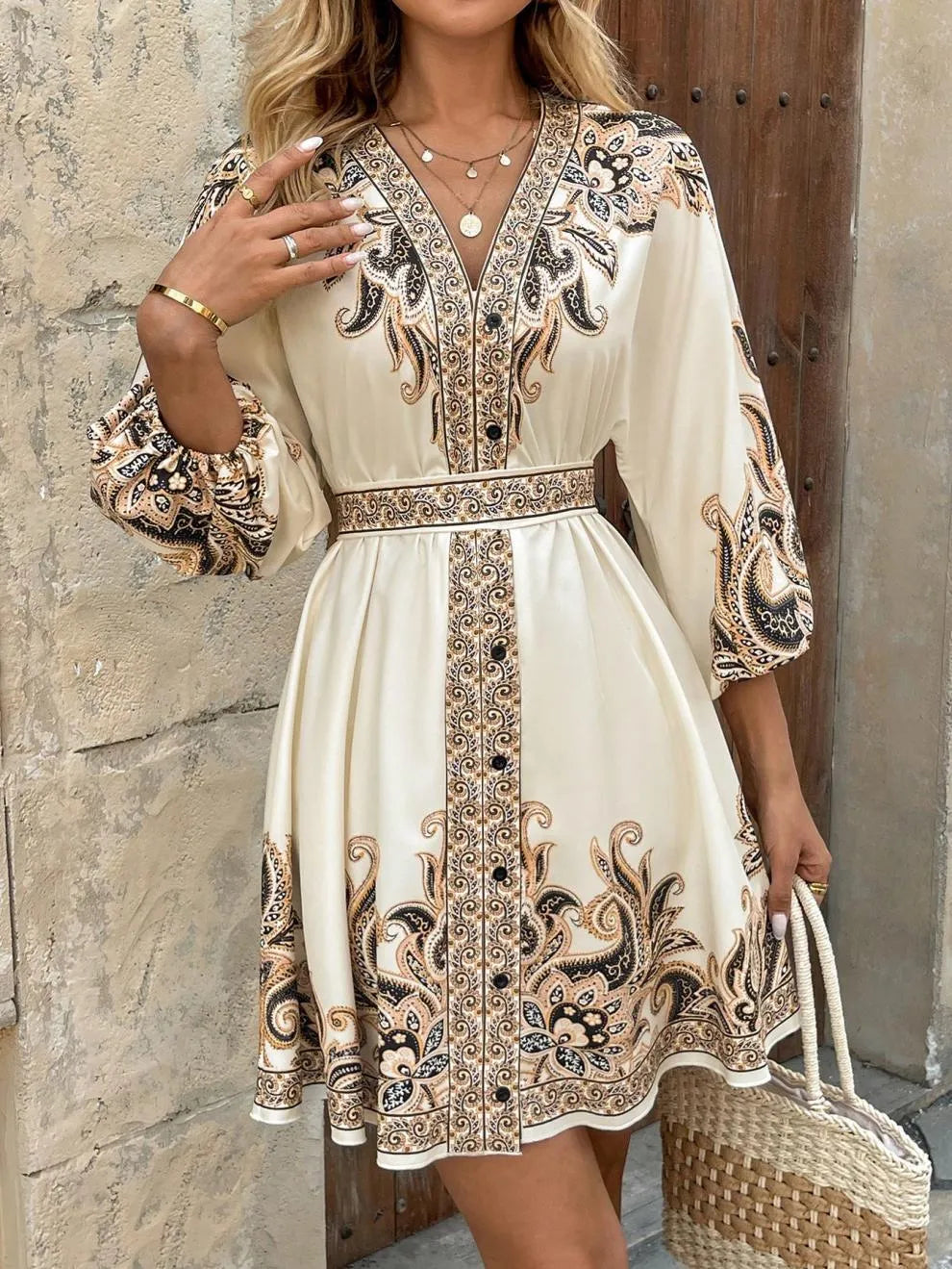 Paisley V-Neck 3/4 Sleeve Mini Dress - Tigbul's Variety Fashion Shop