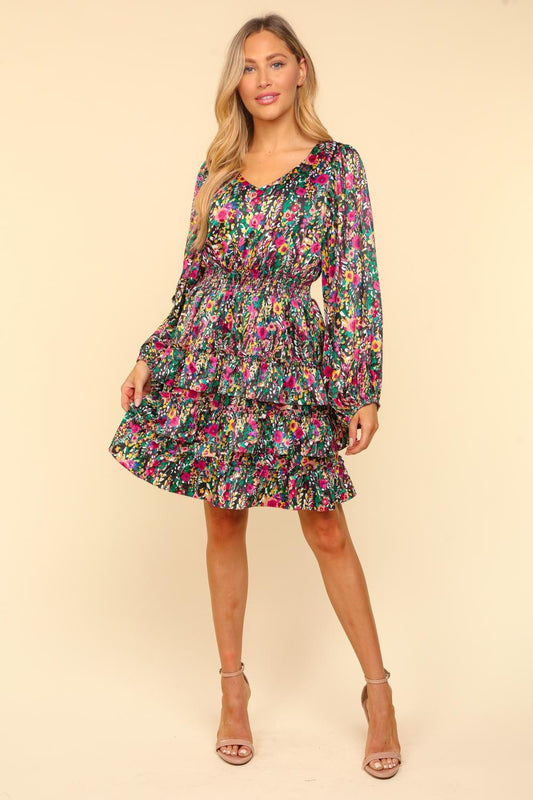 Haptics V-Neck Satin Floral Layered Dress - Tigbul's Variety Fashion Shop