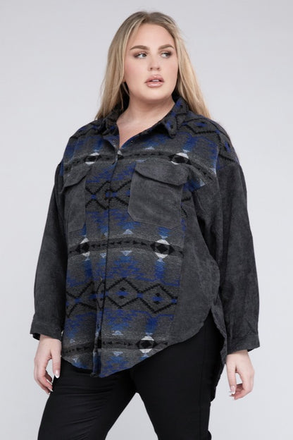 Plus Printed Button Down Long Sleeve Jacket - Tigbul's Variety Fashion Shop