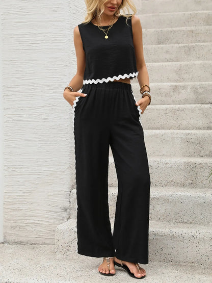 Black Round Neck Sleeveless Top and Pants Set - Tigbul's Variety Fashion Shop