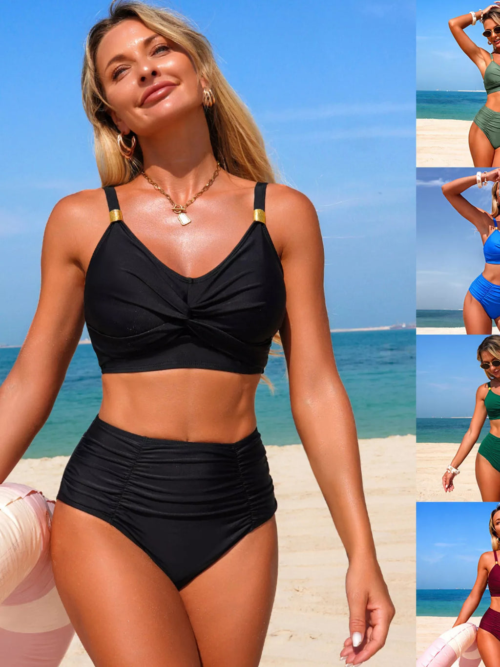 Twisted-front high-waisted bikini set in black, ruched high-rise bottom and twist bandeau top