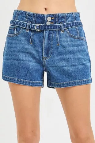 Blaue Denim-Shorts mit Gürtel, lockere Passform, Knopf- und Reißverschlussbund