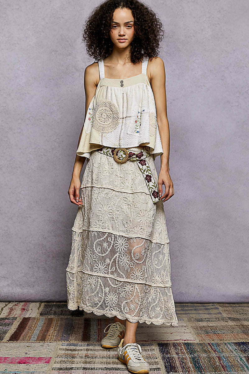 Natural tiered crochet skirt with floral embroidery and eyelet lace trim