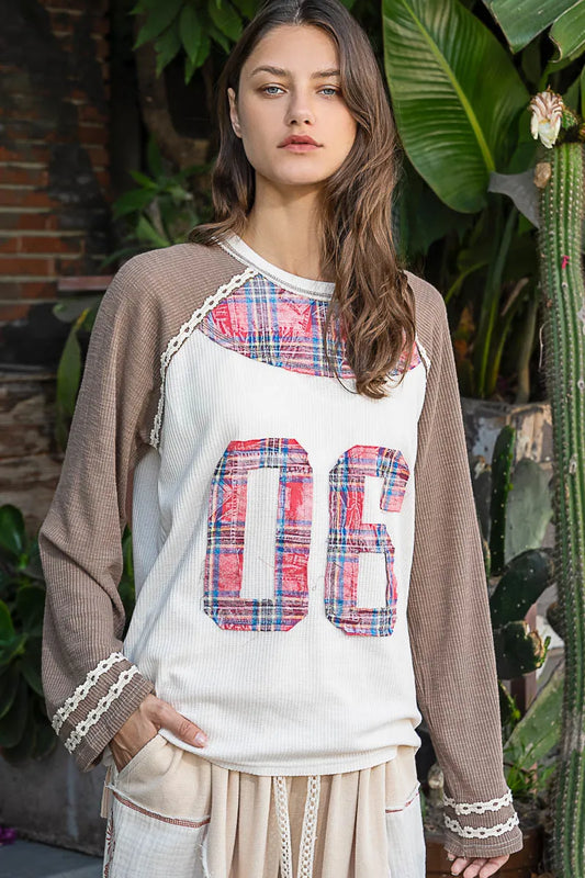 POL Plaid Number 06 Raglan Sleeve T-Shirt - Tigbul's Variety Fashion Shop