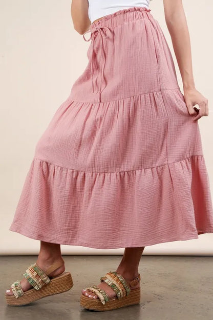 Pink Elastic Waist Tiered Maxi Skirt - Tigbul's Variety Fashion Shop