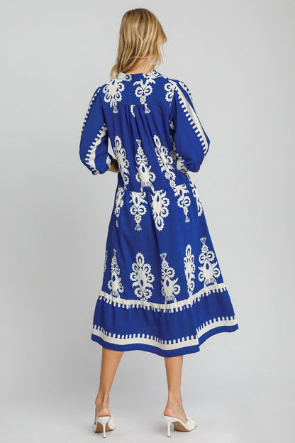 Royal Blue Printed Notched Midi Dress - Tigbul's Variety Fashion Shop