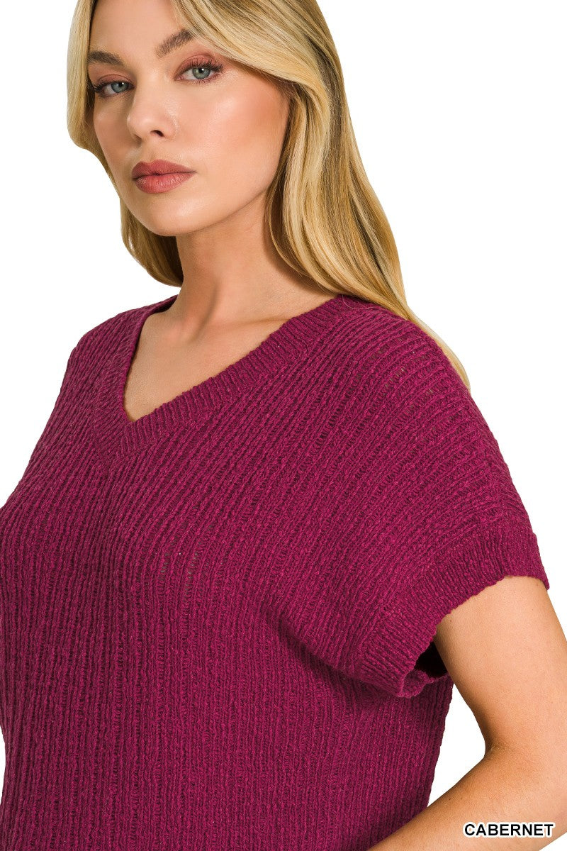 Zenana textured knit V-neck cropped sweater detail, CABERNET