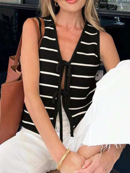 Tie Front Striped Sweater Vest - Tigbul's Variety Fashion Shop