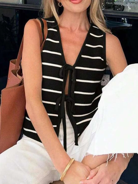 Tie Front Striped Sweater Vest - Tigbul's Variety Fashion Shop