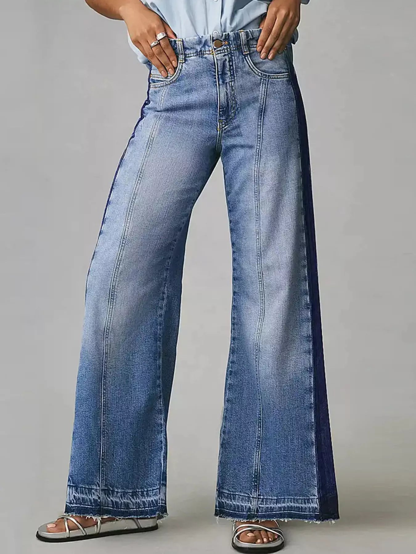 Two-Tone Wide Leg Blue Jeans, Female | Tigbuls Variety Fashion