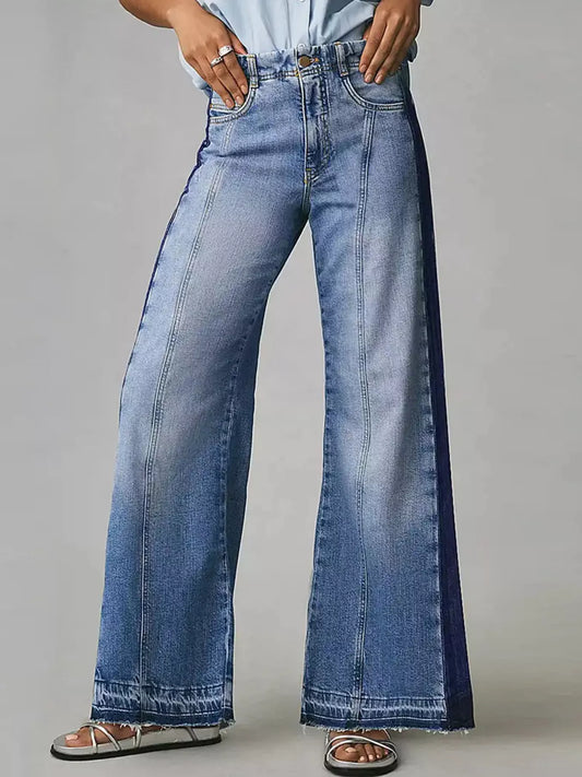 Two-Tone Wide Leg Blue Jeans, Female | Tigbuls Variety Fashion