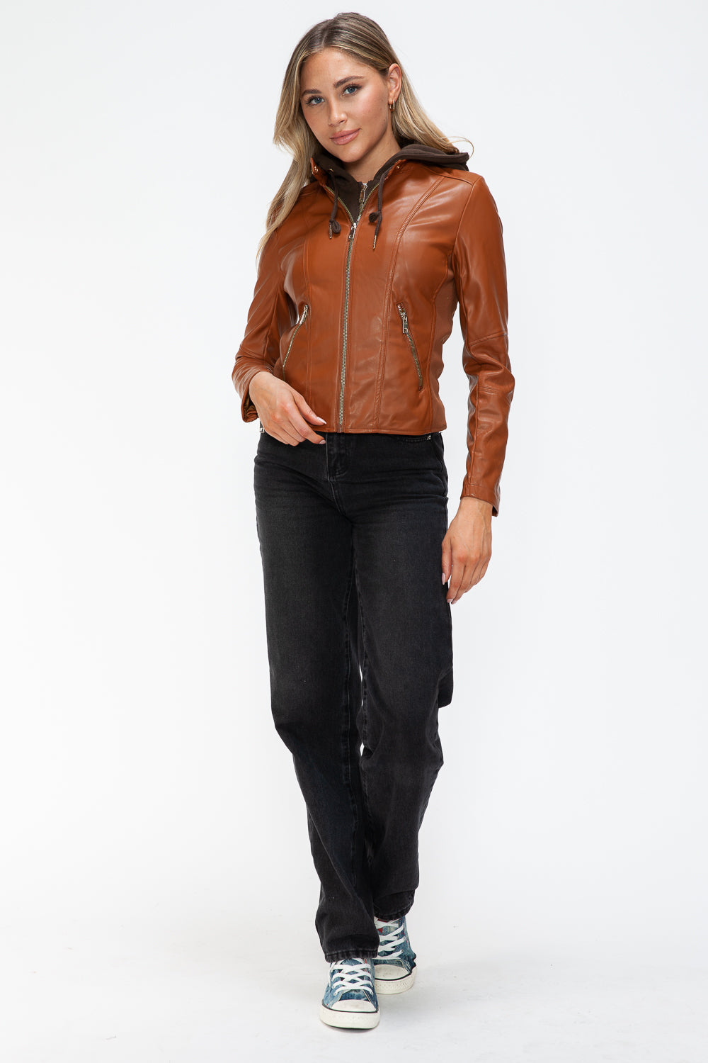 Faux Leather Zip Up Drawstring Hooded Jacket in Camel