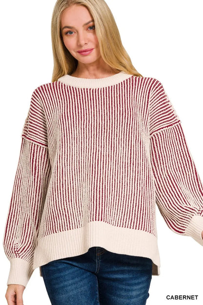 Zenana Two Tone Crewneck Sweater - Tigbul's Variety Fashion Shop