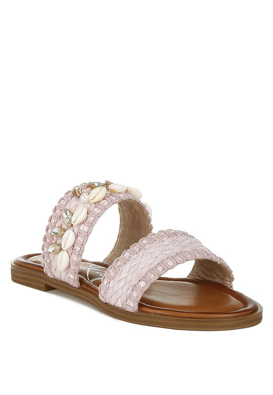 Seashell Raffia Slip on Flat Sandals - Tigbul's Variety Fashion Shop