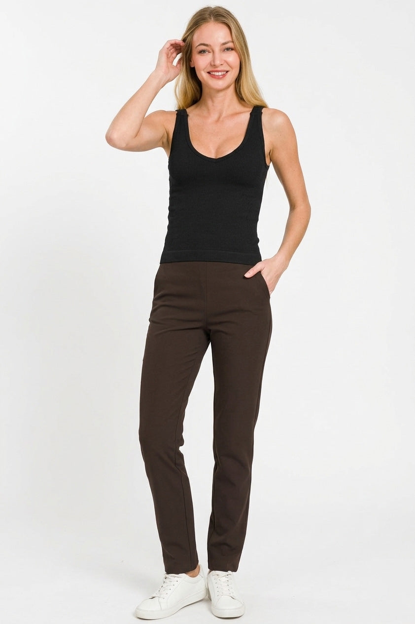 Black sleeveless ribbed seamless padded V-neck bra tank top on model