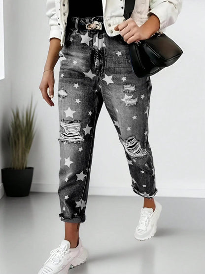 Star Print Distressed High Waist Boyfriend Jeans - Tigbul's Variety Fashion Shop