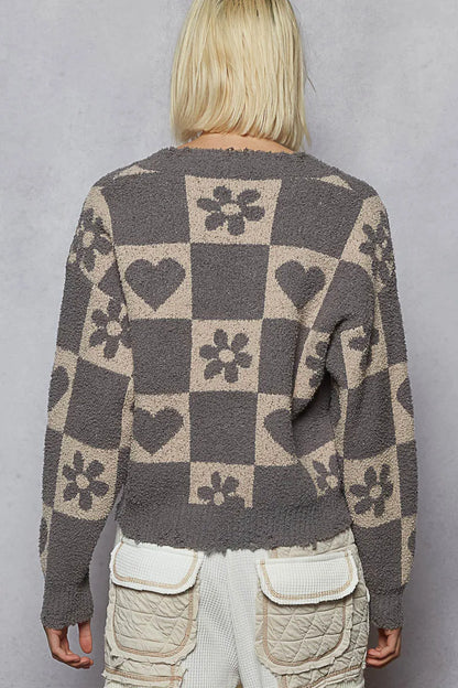 POL V-Neck Heart Pattern Checkered Sweater - Tigbul's Variety Fashion Shop