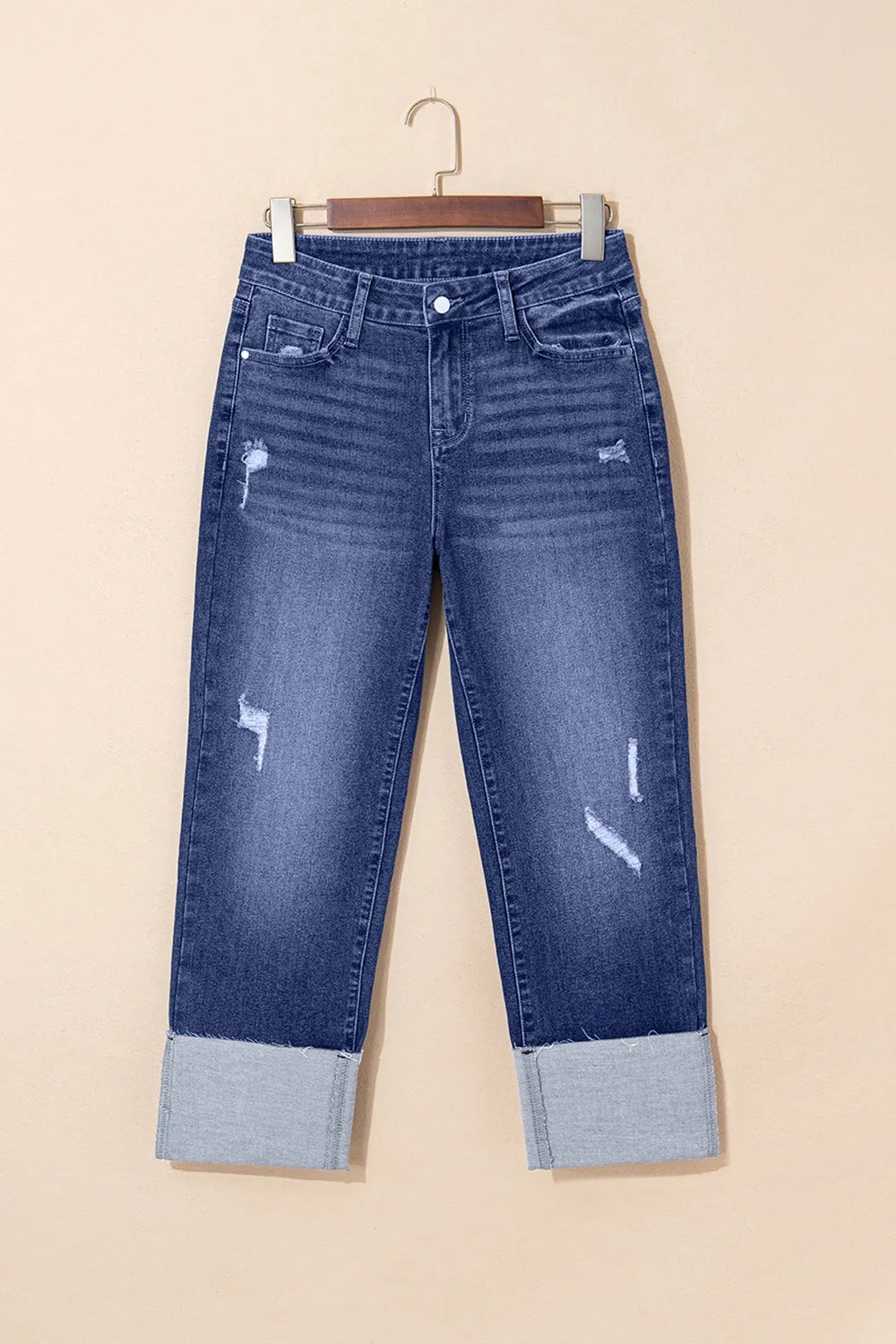 Folded Cuffs Distressed Straight High Waist Jeans - Tigbul's Variety Fashion Shop