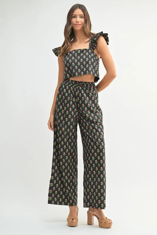 Black Floral Print Ruffle Top and Pants Set - Tigbul's Variety Fashion Shop