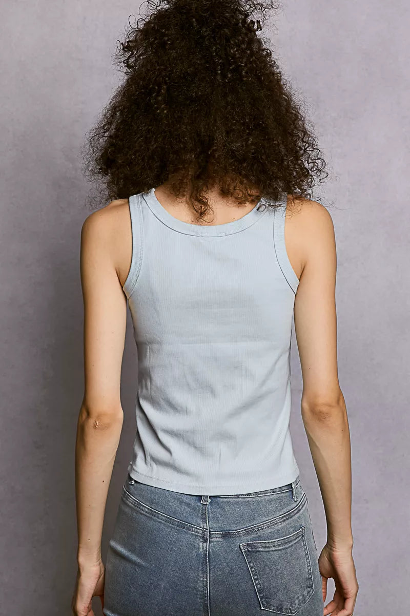 Powder blue round-neck ribbed tank top, sleeveless with straight hem