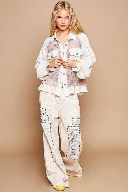 POL Eyelet Flower Pearl Detail Lace Patchwork Shirt - Tigbul's Variety Fashion Shop