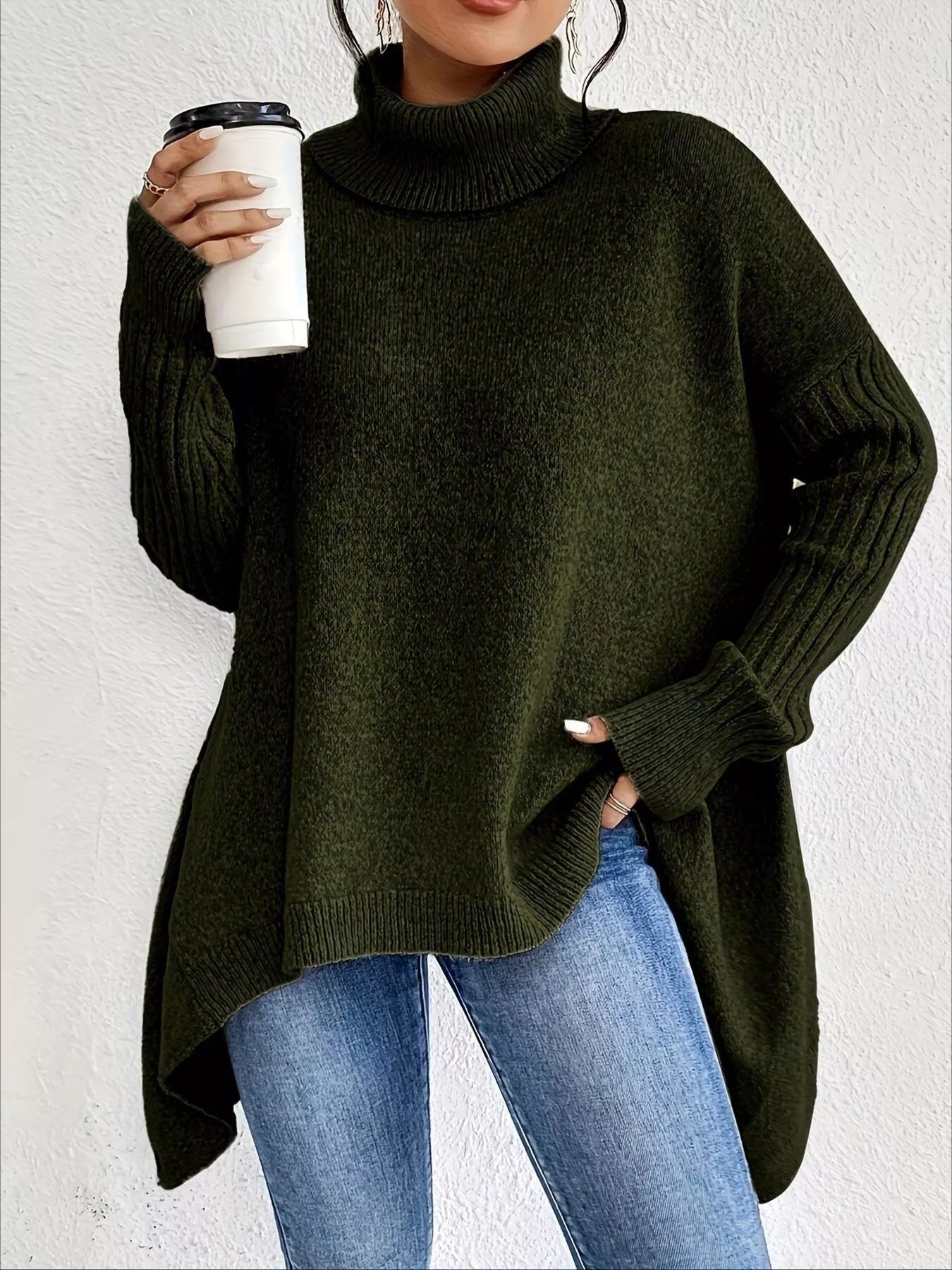 Turtleneck Dropped Shoulder Sweater - Tigbul's Variety Fashion Shop