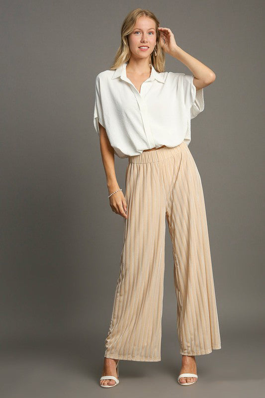 Umgee Elastic Waist Striped Wide Leg Velvet Pants - Tigbul's Variety Fashion Shop